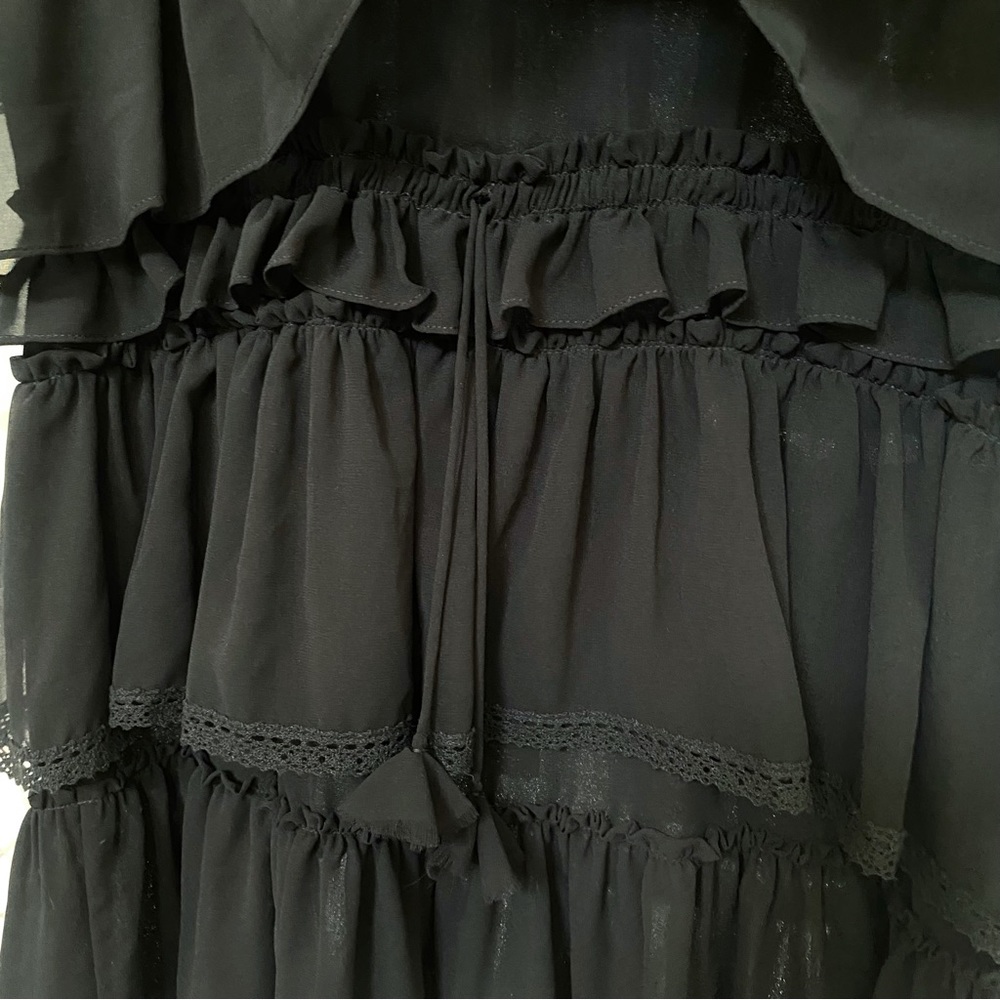 MISA Jazmine black tiered layered ruffle sheer short sleeve tassel neck dress - Picture 11 of 15